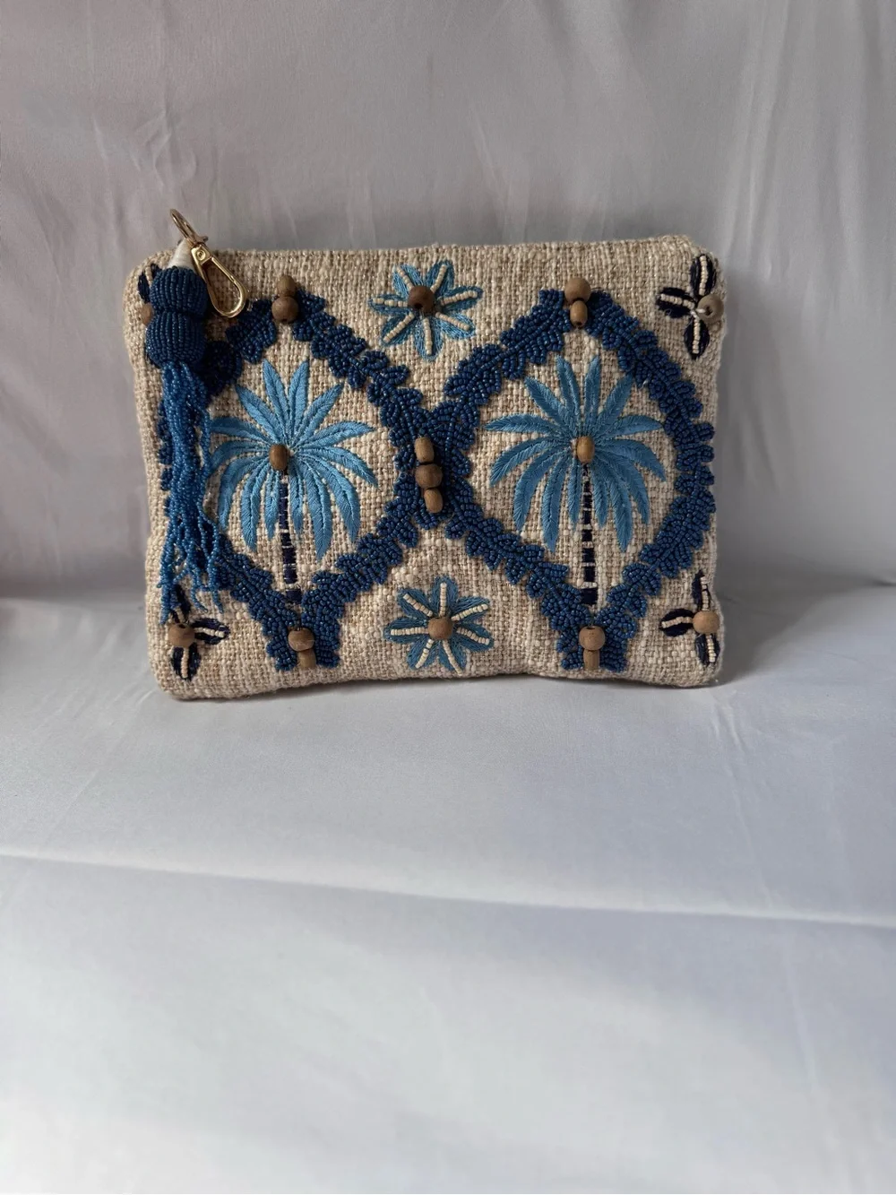 Beaded Palm Tree Embroidered Wristlet Clutch - Blue on Natural